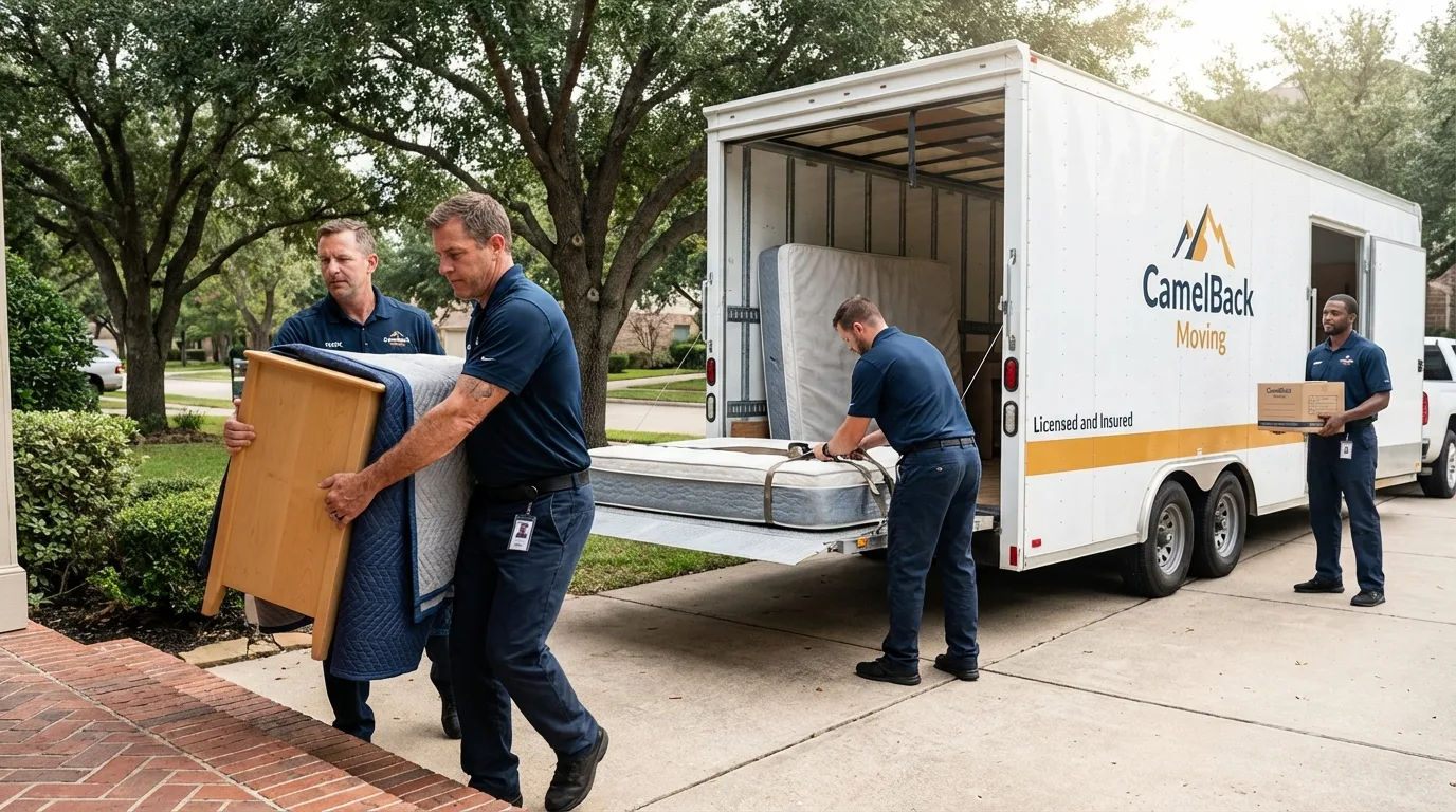Crew loading residential truck for cross-state move from Morrisonville, IL