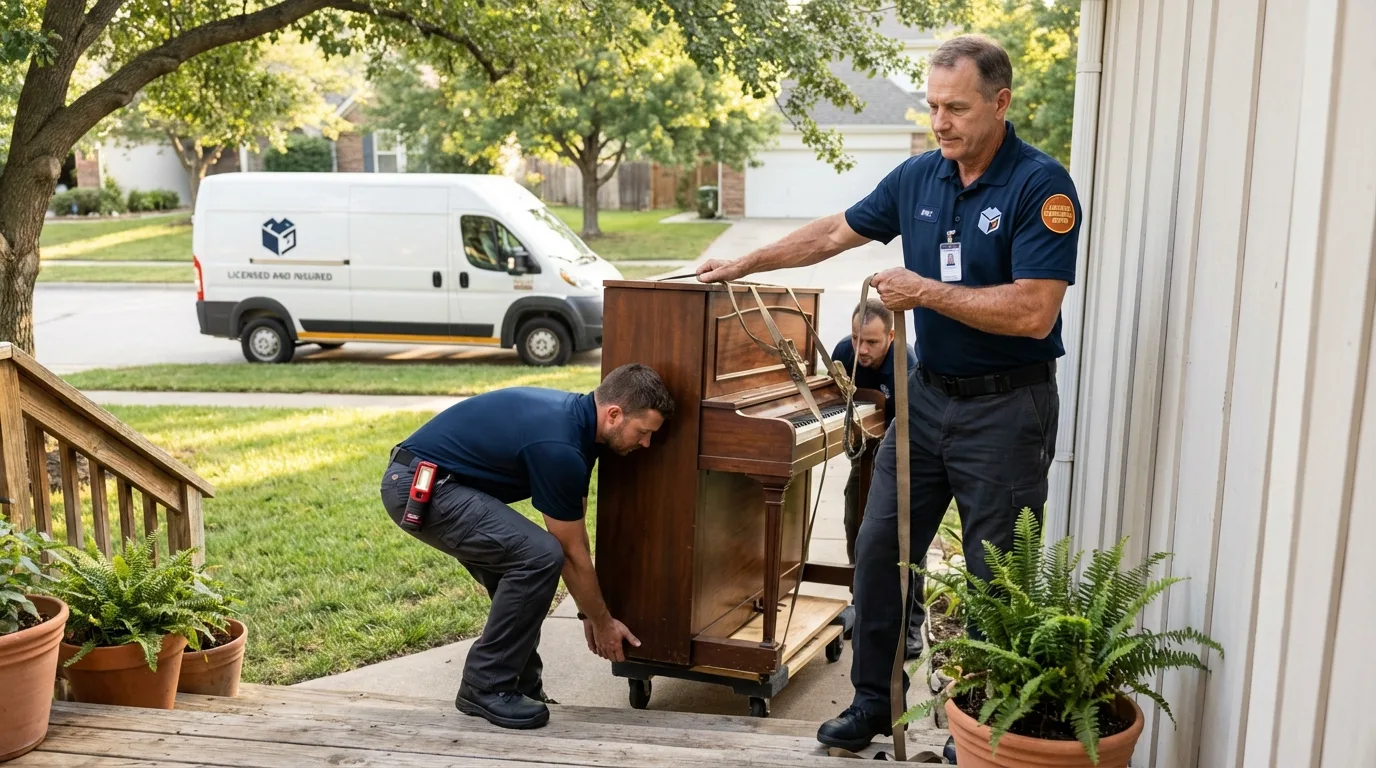 Licensed piano movers securing grand piano in Morrisonville, IL