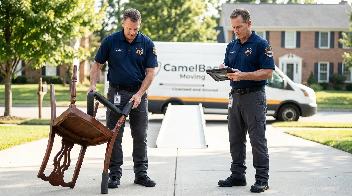 Movers inspecting furniture for damage prevention before loading in Morrisonville, IL