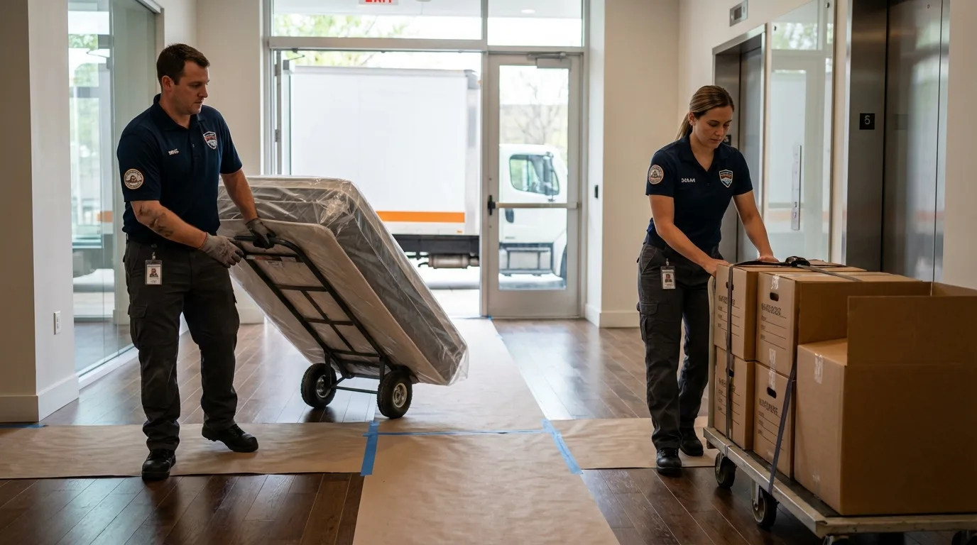 Professional apartment movers loading elevator in Morrisonville, IL