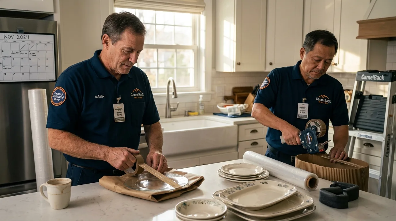 Professional crew packing kitchen dishware in Morrisonville, IL